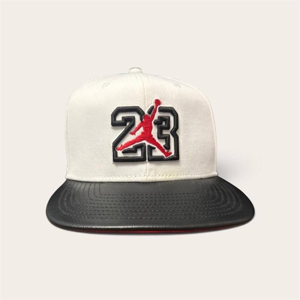 Jordan 23 Jumpman Snapback Hat White Black Faux Leather Flat Brim Cap